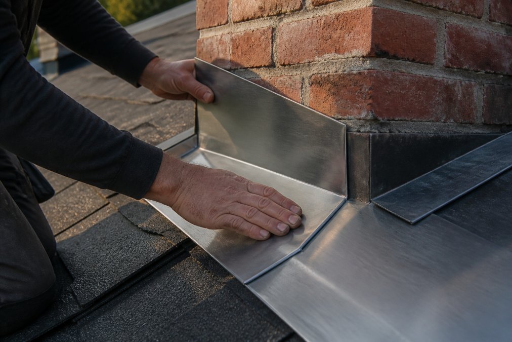 Close-up of a roofer's hands installing a custom-formed metal flashing around a brick chimney, showing the precise fold angles pressed against the brick and the surrounding roofing material in late afternoon light