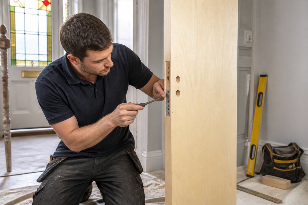 Skilled carpenter fitting timber door frame components using traditional chisels and hand tools, checking mortise lock alignment with precision in a Victorian terrace property