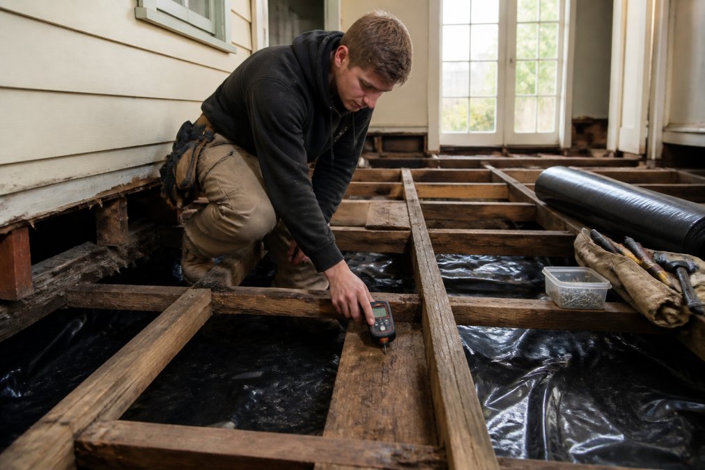 A carpenter kneeling on exposed timber joists in an old weatherboard home, using a moisture meter on the subfloor, with tools and builders plastic nearby