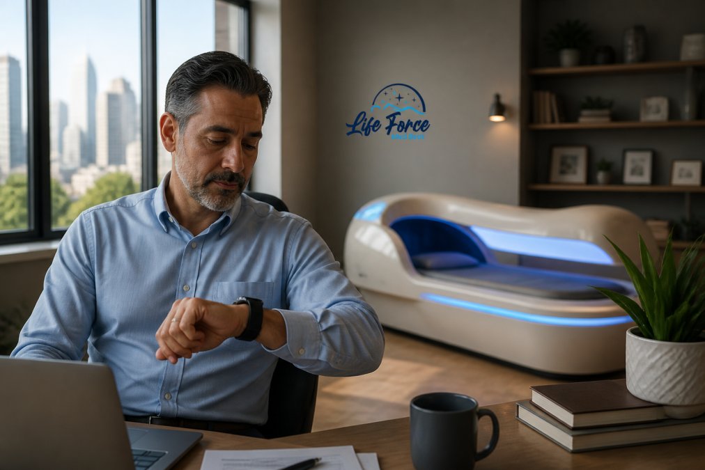 A busy professional in a modern Atlanta home office glancing at a smartwatch while a sleek wellness bed with soft ambient lighting sits in the background of the room