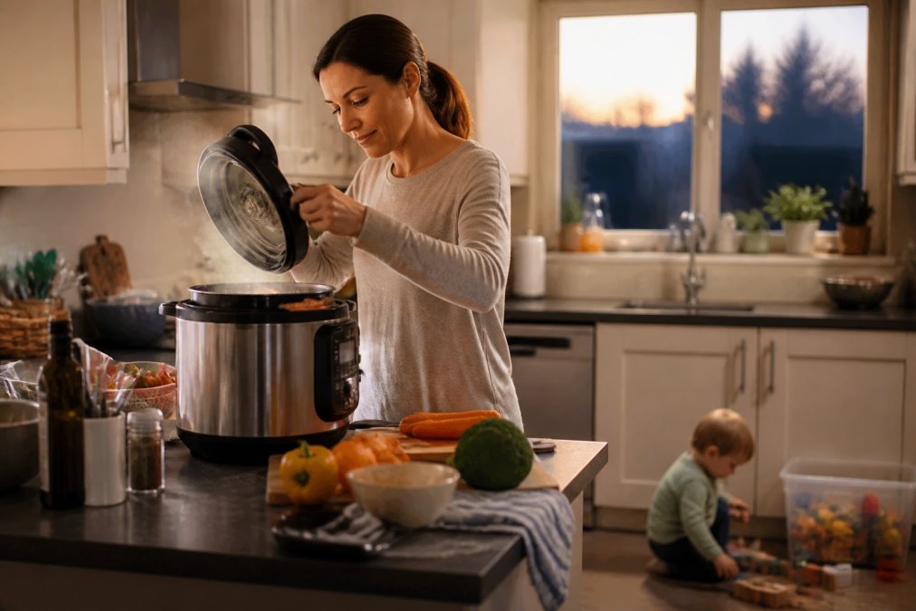 A parent lifting the lid of a multi-cooker on a cluttered kitchen counter, steam rising, with a toddler playing with blocks on the floor in the background, warm evening light through a window