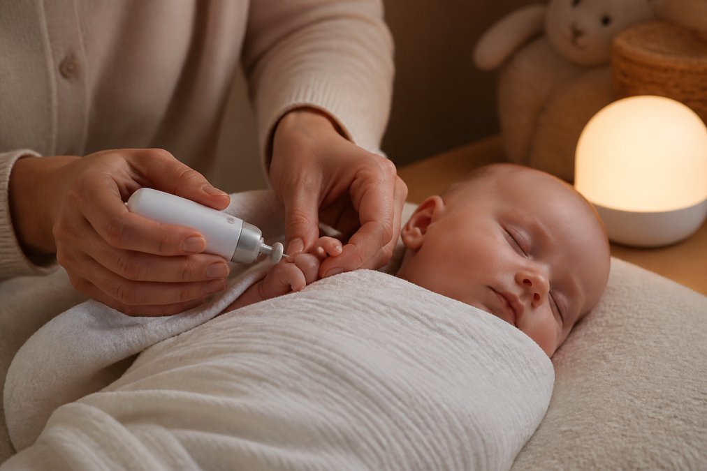 Close-up of a parent's hands gently using an electric nail trimmer on a sleeping baby's finger in a softly lit nursery, the baby wrapped in a white swaddle, a small nightlight glowing in the background
