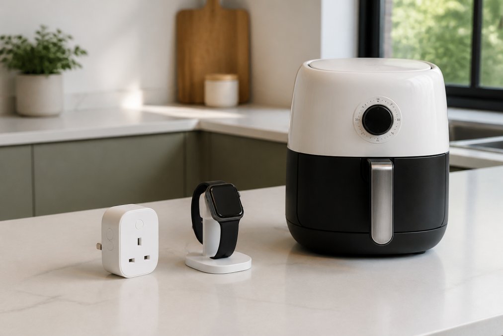 A clean, bright modern kitchen counter displaying several gadgets including a white smart plug, a smartwatch on its charger, and a compact air fryer, styled for a busy professional's home with soft natural window light