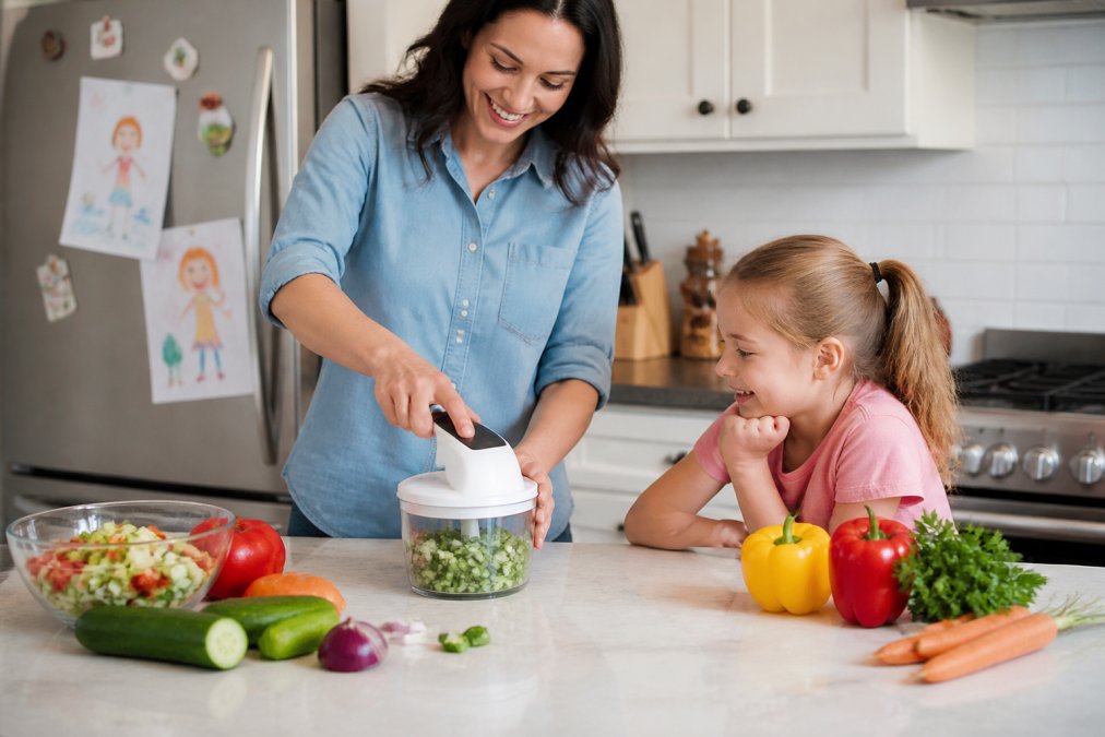 Parent chopping fresh vegetables quickly with a vegetable chopper on a bright kitchen counter, surrounded by colorful ingredients and a child's drawing displayed on the refrigerator in the background