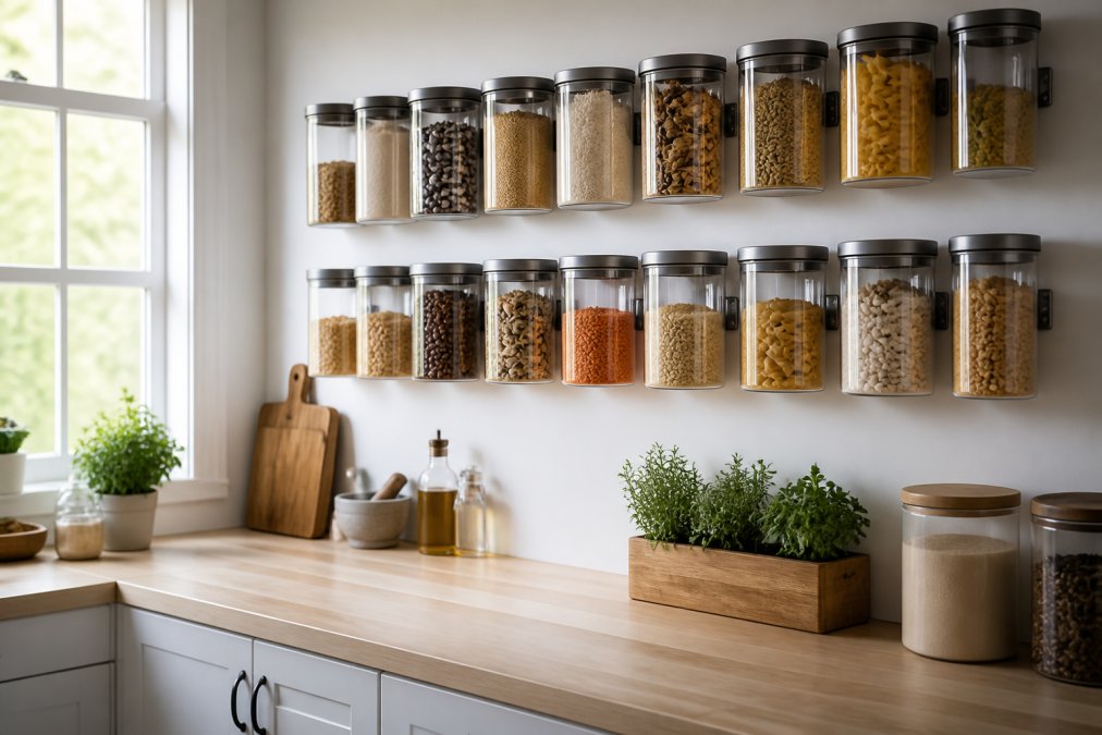 Organized modern kitchen wall displaying wall-mounted sealed jars neatly arranged in rows, containing pasta, rice, grains, and pantry staples, with a clutter-free countertop visible below and natural morning light streaming through a window