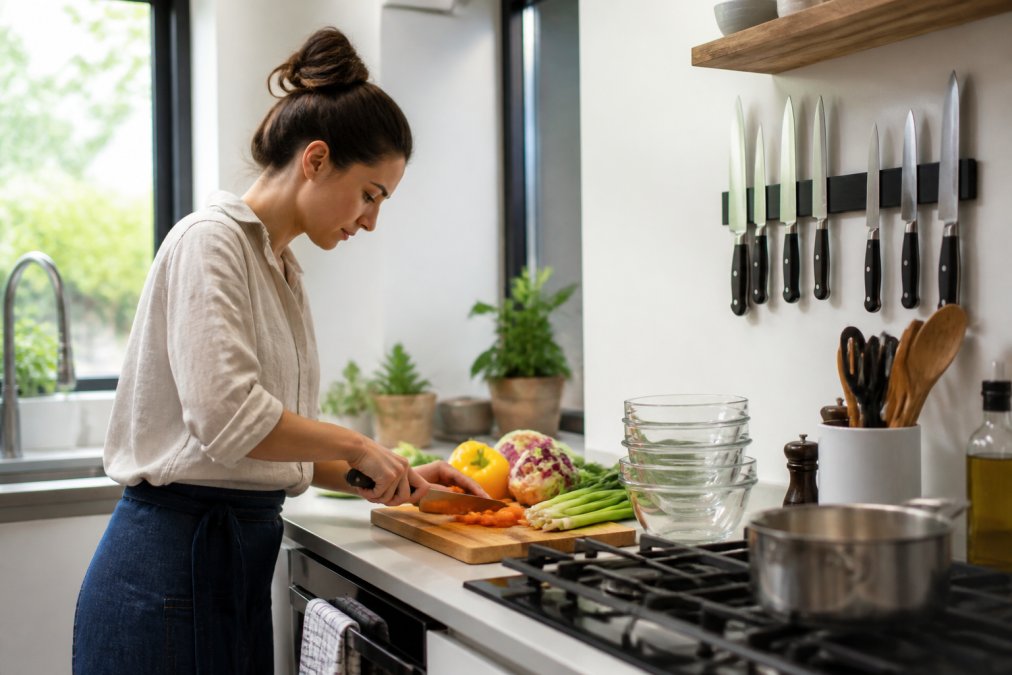Clean, well-lit kitchen with defined prep station featuring organized utensils in a magnetic knife holder, clear glass prep bowls stacked neatly, and fresh vegetables on a wooden cutting board near a modern stovetop