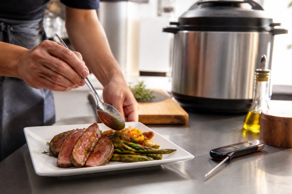 Close-up of someone plating a perfectly cooked meal prepared with precision, with a smart thermometer and multi-functional appliance visible in the background on a modern kitchen counter with stainless steel surfaces