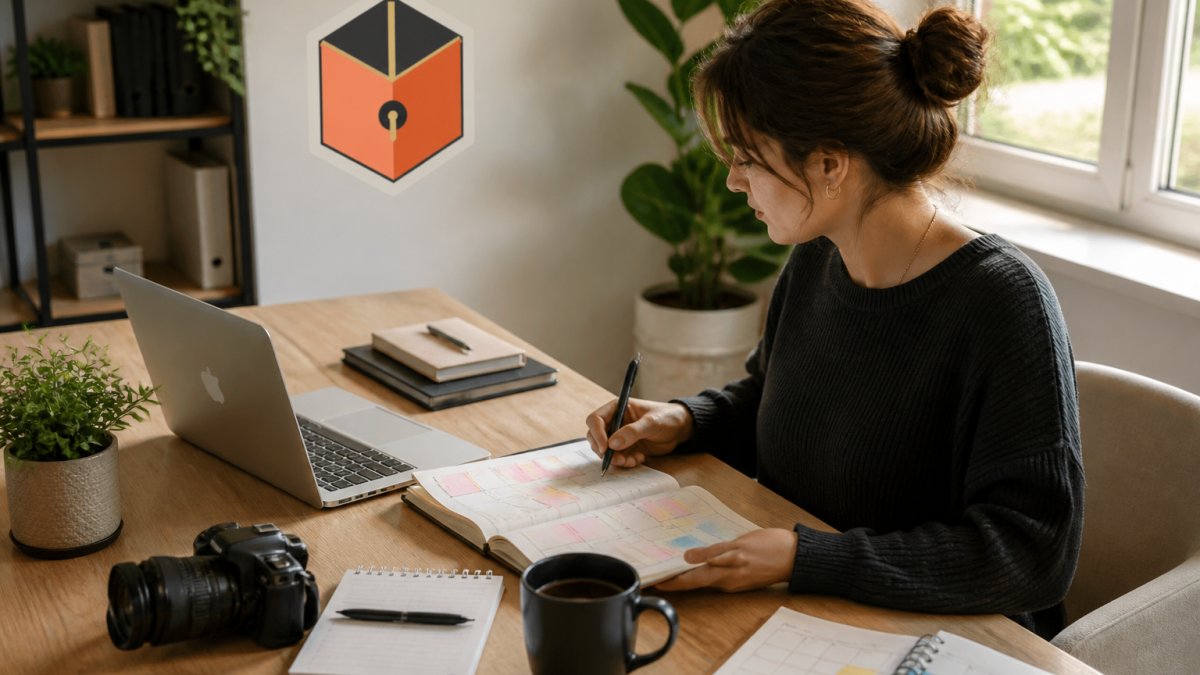 Content creator reviewing a weekly plan on a laptop with a calendar and coffee at a bright desk