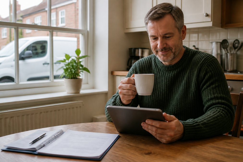 A landlord in his fifties sitting relaxed at a kitchen table with a cup of tea and a tablet showing a single monthly statement, while a property manager's van is visible through the window outside
