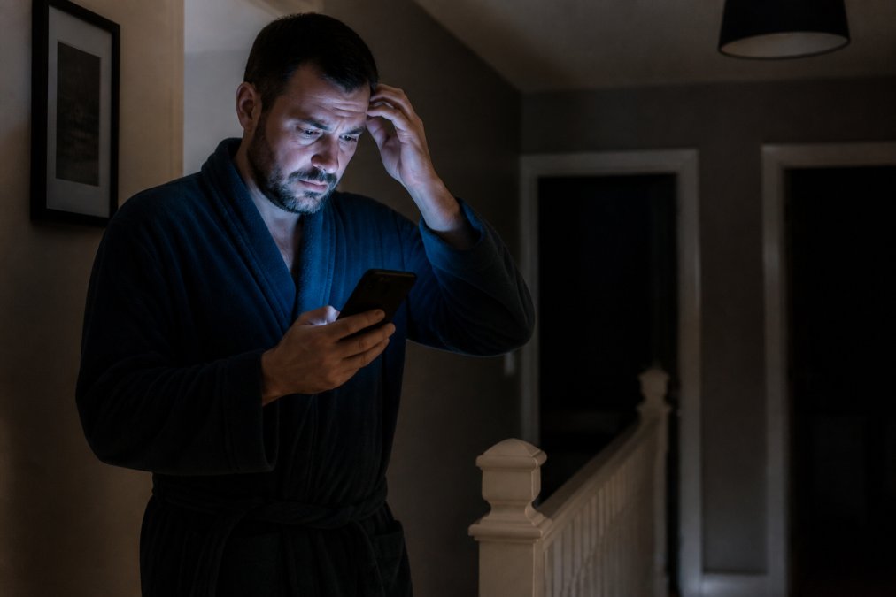 A landlord in a dressing gown standing in a dimly lit hallway at night, looking at a smartphone with a concerned expression, the screen glow illuminating his face