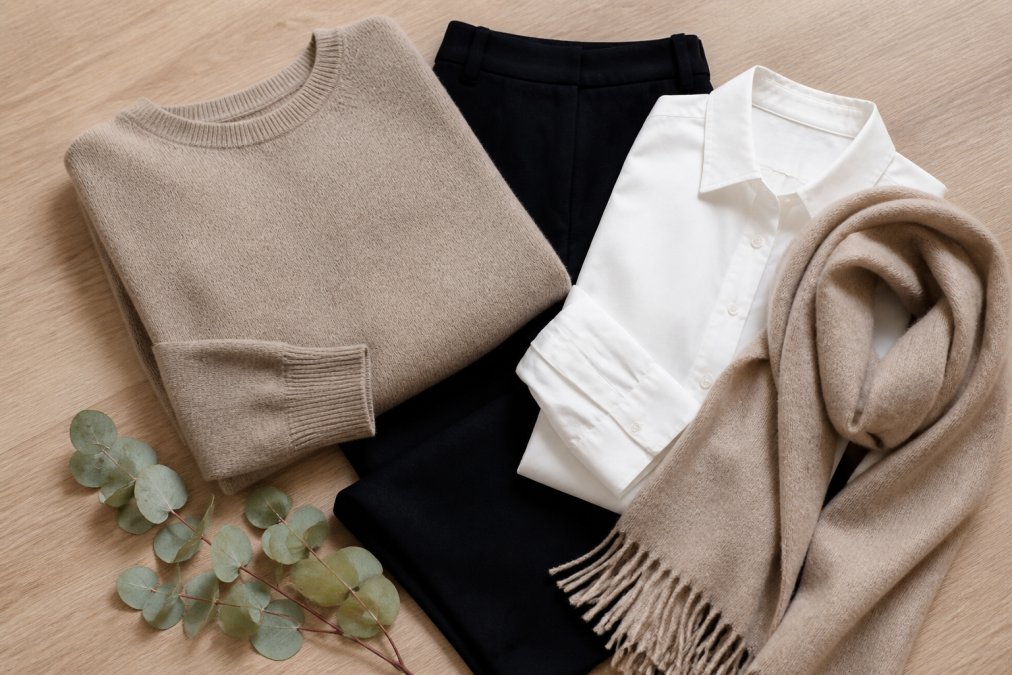 Neutral capsule wardrobe essentials including a merino jumper, trousers, and shirt with eucalyptus on wood.