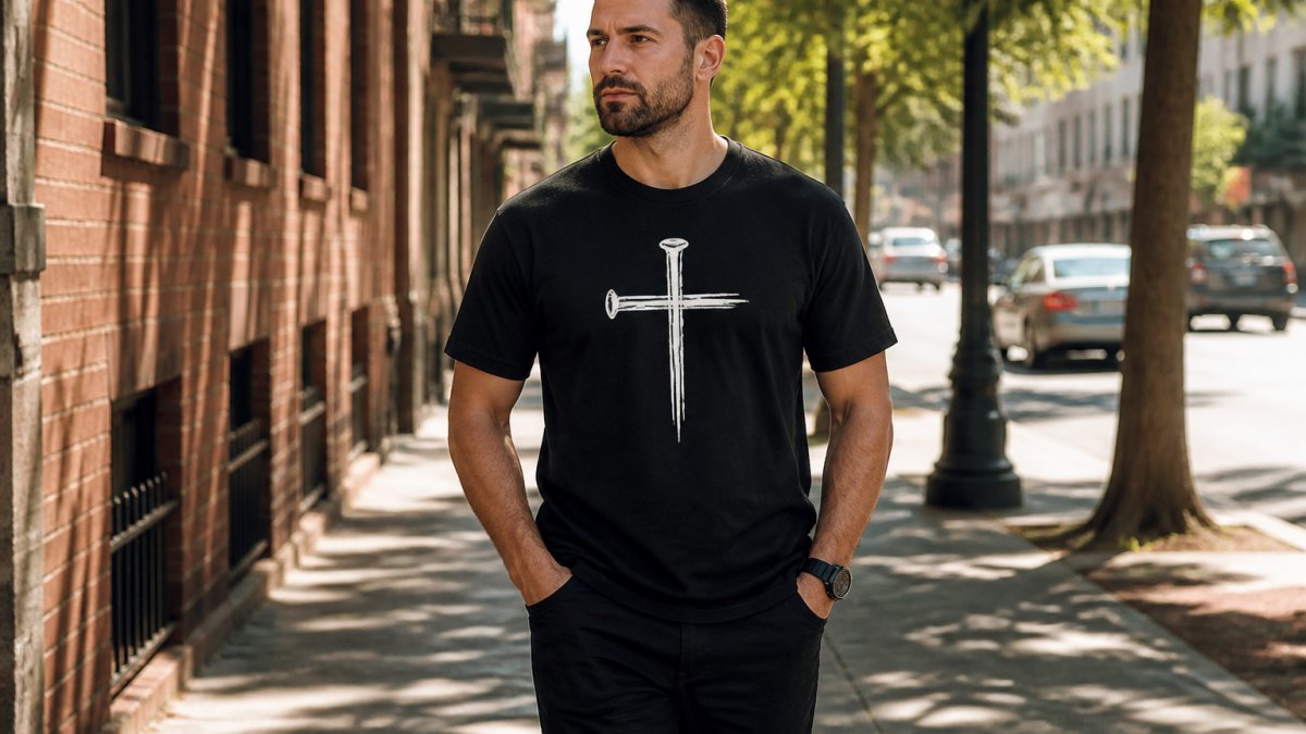 A man in a black t-shirt with a white cross-of-nails graphic walking a sunlit city sidewalk, hands in pockets, natural afternoon light