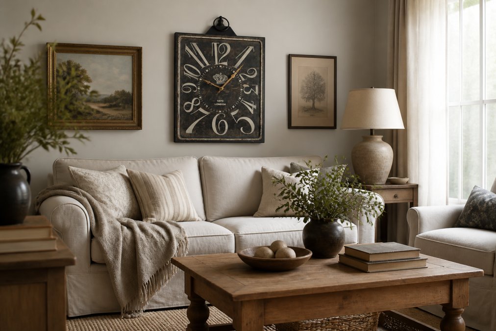 A well-curated living room with neutral cream and soft gray walls, layered textures including a natural linen sofa with wool throw blanket, vintage wooden coffee table with warm honey tones, vintage framed artwork on walls, and a large statement iron clock showing warm patina, with natural light streaming through sheer curtains