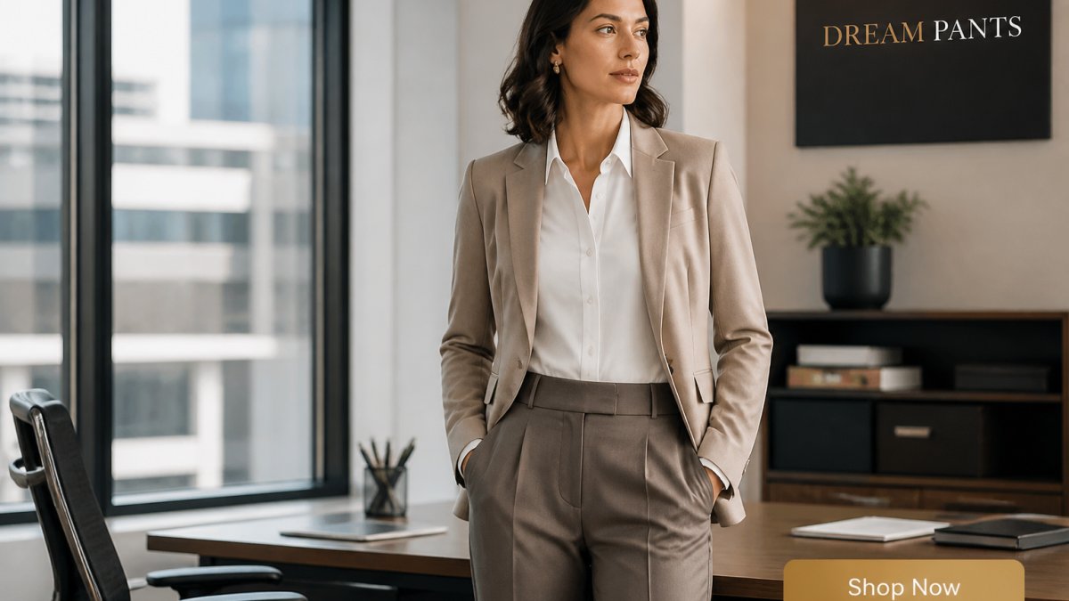 Professional woman wearing a neutral blazer, crisp white button-down shirt, and tailored trousers in a modern office setting, demonstrating a polished capsule wardrobe outfit