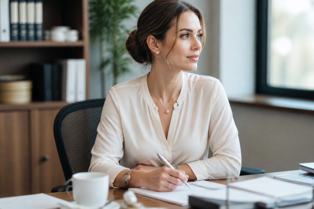Professional woman in business casual attire wearing pearl earrings and a delicate necklace at her desk, natural office lighting, composed and polished appearance