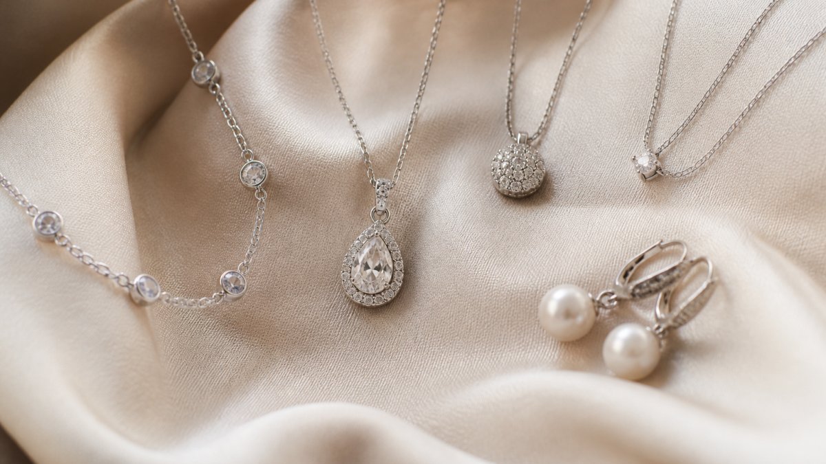 Close-up of sterling silver necklaces and pearl earrings displayed on soft cream fabric, showing the gleaming shine and intricate details of luxury jewelry pieces