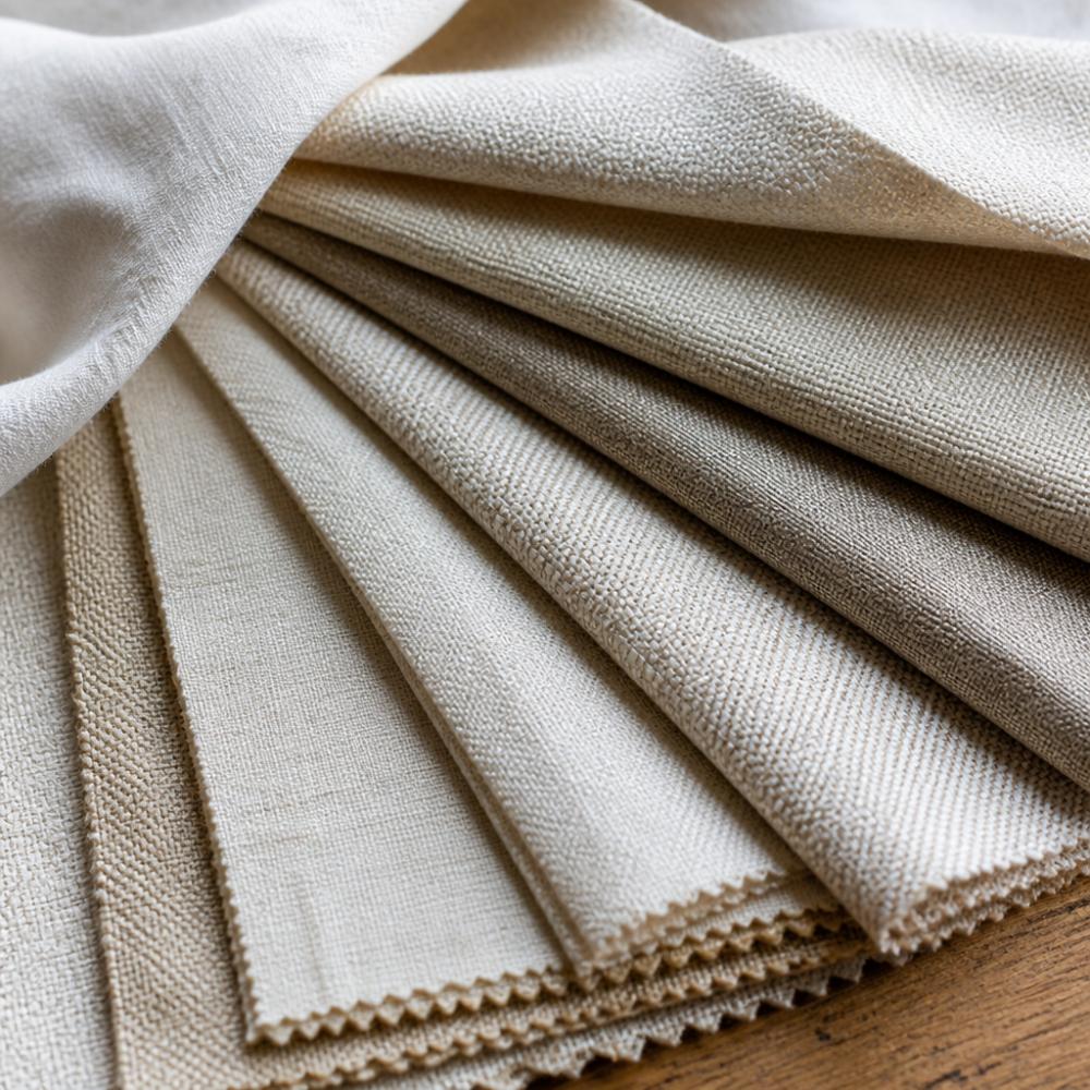 Close-up detail of premium cotton and linen textile samples showing intricate weave texture and quality craftsmanship, with natural light highlighting the fabric grain and subtle sheen