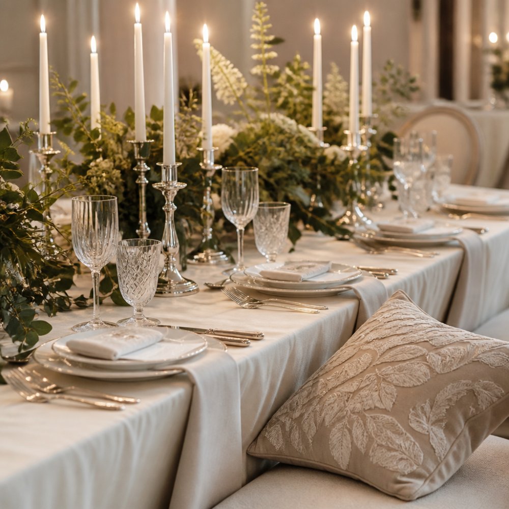 Elegantly styled wedding reception table featuring layered premium linen tablecloth in cream, crystal glassware catching candlelight, silver candle holders with tall tapers, fresh botanical greenery woven through the arrangement, and a carefully placed decorative cushion adding texture and depth to the setting