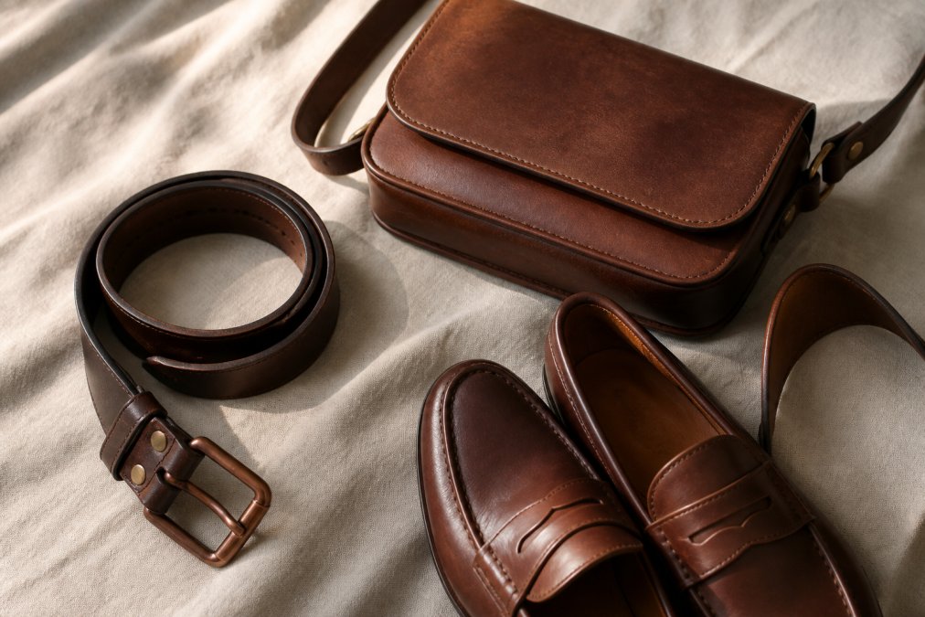 Flat lay of a full-grain leather belt with copper pin buckle, leather loafers, and a leather crossbody bag arranged on a neutral linen surface in soft daylight
