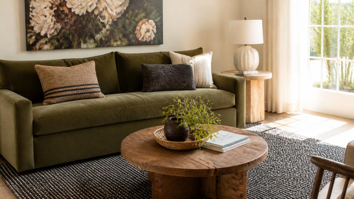 A sunlit living room styled with a low-profile sofa in sapphire olive upholstery, a round reclaimed teak coffee table, a hand-woven viscose-wool rug in black and gray, and a scalloped white ceramic table lamp on a travertine end table, with a large hand-painted floral canvas on the wall behind