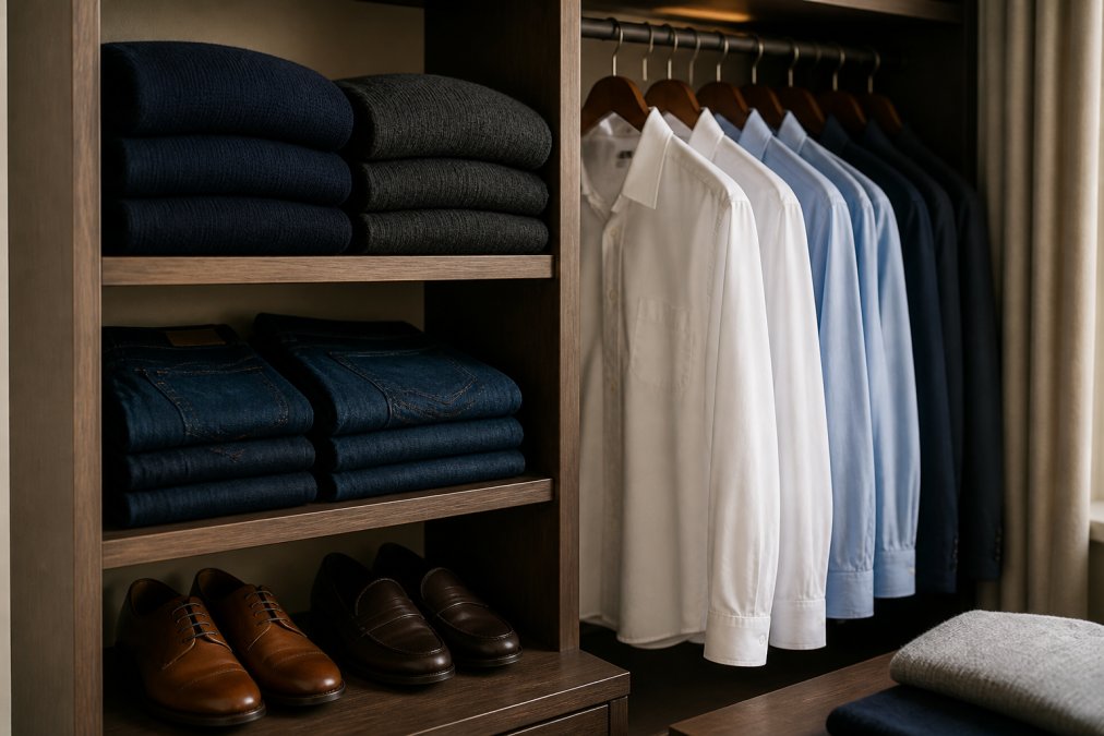 Well-organized closet displaying neatly folded neutral-toned sweaters in navy and charcoal, stacked jeans in dark wash, and crisp white and light blue button-up shirts hanging on wooden hangers alongside polished leather shoes arranged on a shelf