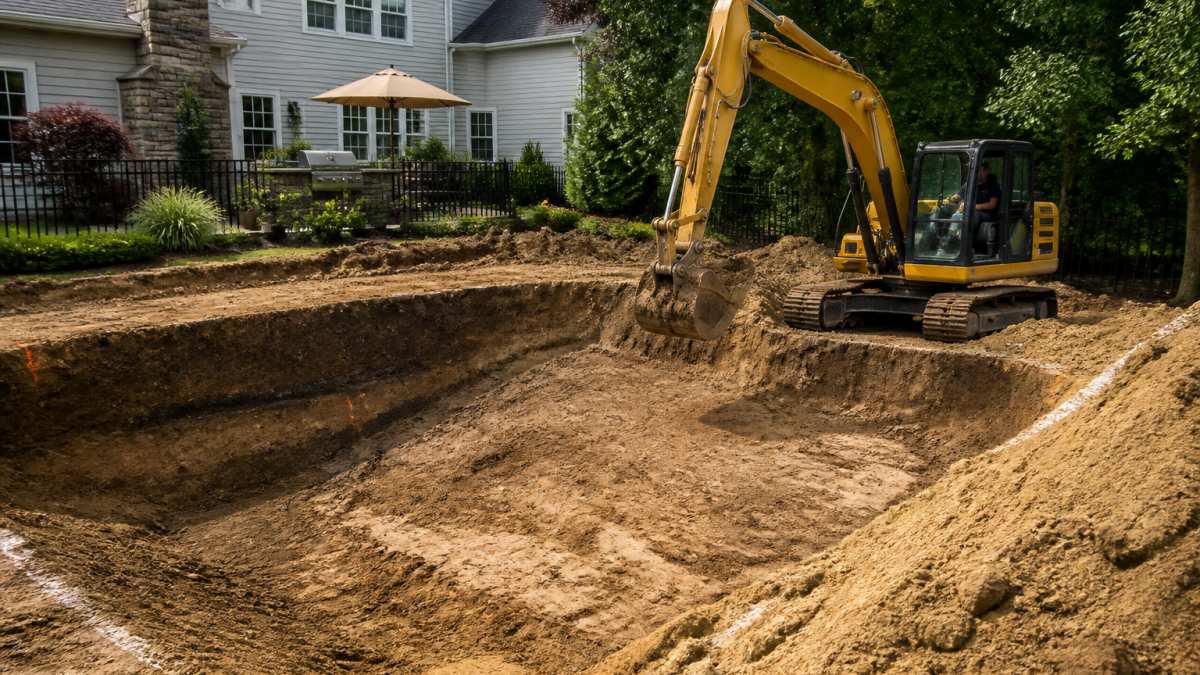 A crew operating an excavator in a residential backyard, digging out the shape of a pool with piles of soil nearby and a house in the background