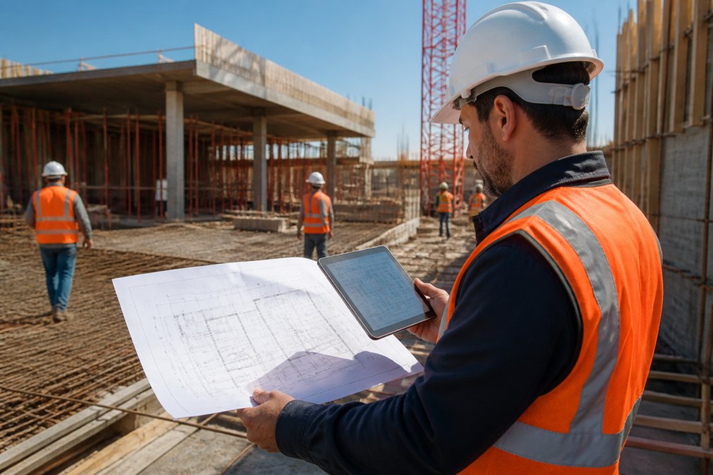 Construction site manager reviewing architectural blueprints and detailed project timeline on tablet with workers in hard hats visible in background, natural outdoor lighting