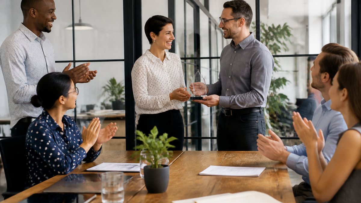 Diverse team of employees gathered around a modern office table, with a manager presenting a recognition award or certificate to a smiling team member while colleagues applaud and smile