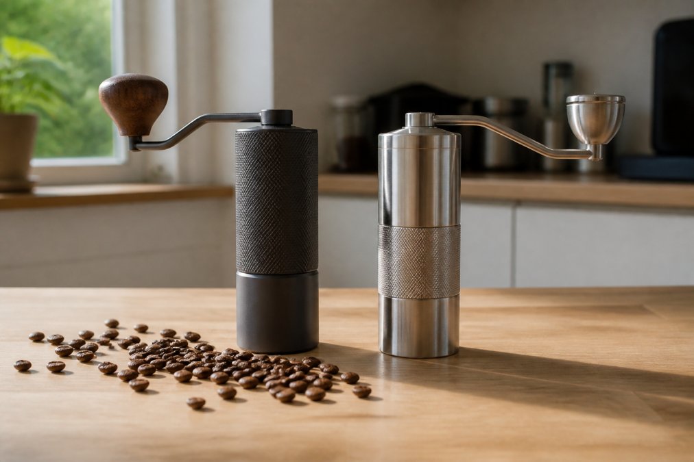 Two manual coffee grinders side by side on a light wood kitchen counter, one with a dark walnut handle and one with a sleek stainless body, whole coffee beans scattered nearby and soft window light casting gentle shadows