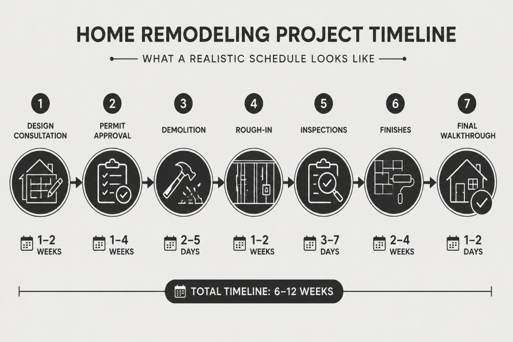 Horizontal timeline showing typical phases of a home renovation project: design consultation, permit approval, demolition, rough-in, inspections, finishes, final walkthrough, with arrows connecting each phase