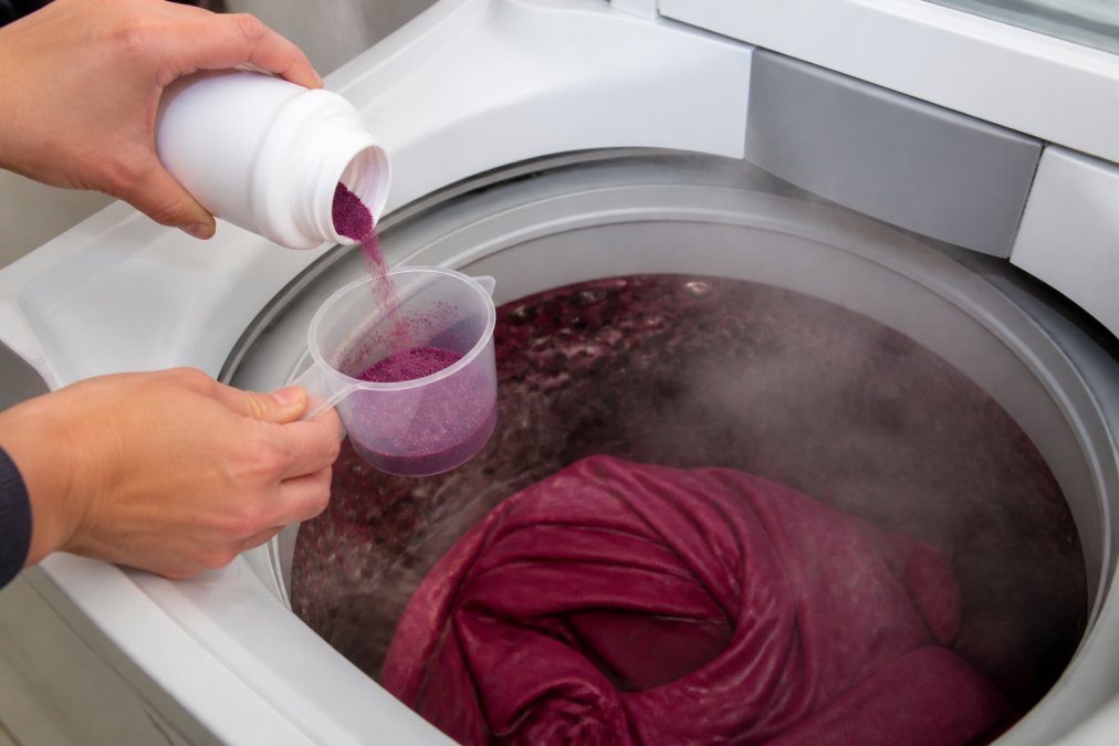 Mani che versano polvere di colorante per tessuti in una tazza di misurazione sopra il tamburo di una lavatrice, con un capo di cotone arrotolato visibile e acqua calda fumante