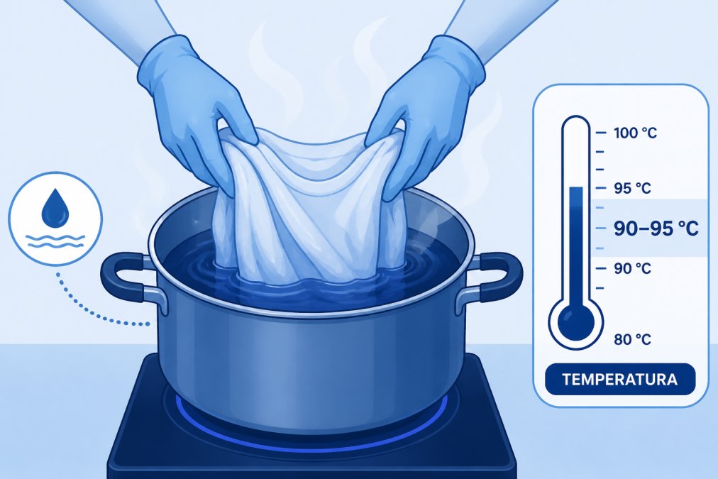 Hands carefully placing a damp polyester garment into a pot of steaming dye bath, with a thermometer visible showing the water temperature around 90-95 degrees Celsius