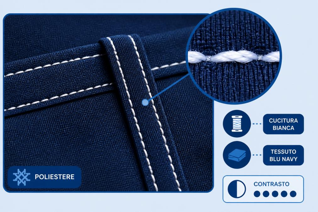 Close-up detail of white polyester stitching on a deeply dyed navy blue fabric piece, showing the stark contrast between the colored fabric and the undyed synthetic thread in natural daylight