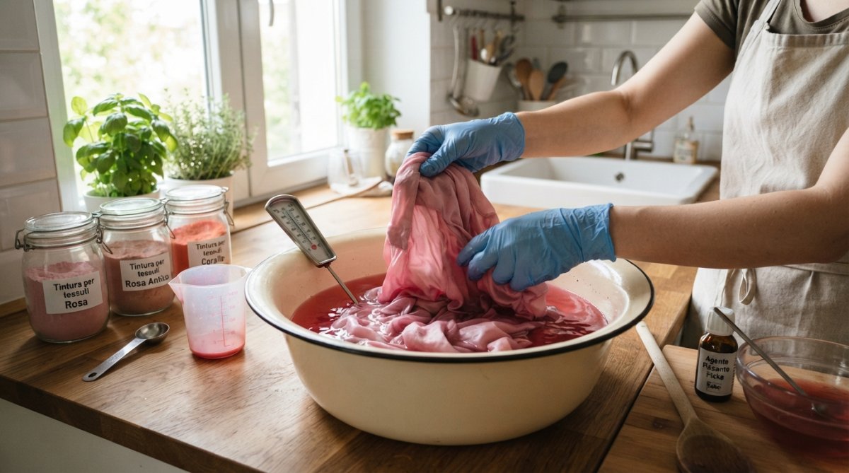 Mani con guanti in nitrile che immergono delicatamente un capo in seta rosa in una bacinella smaltata con acqua colorata su un piano di lavoro in cucina, con un termometro da cucina visibile appoggiato al bordo della bacinella, luce naturale dalla finestra