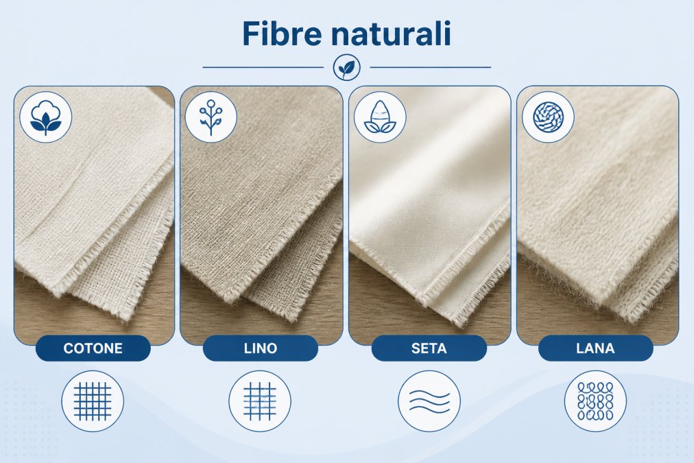 Close-up of various fabric swatches in cotton, linen, silk, and wool laid flat on a wooden surface, showing texture and natural fiber appearance before dyeing