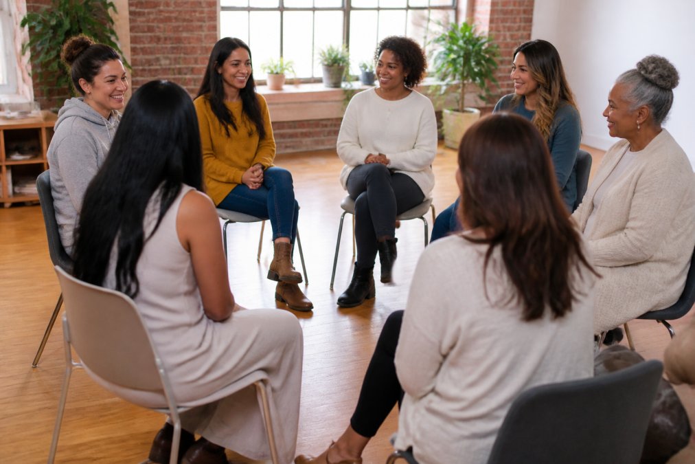 Diverse group of women sitting in a circle during a supportive community gathering, smiling and engaged in conversation, warm natural lighting from windows