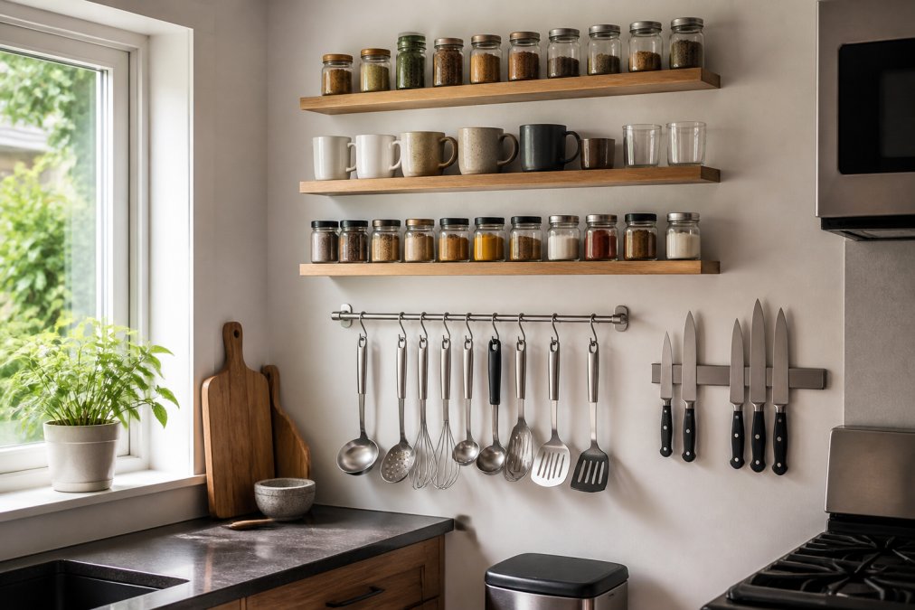A bright, modern small kitchen wall fitted with narrow floating shelves holding neat rows of spice jars and mugs, a stainless steel rail with hanging utensils below, and a magnetic knife strip, all under warm natural light