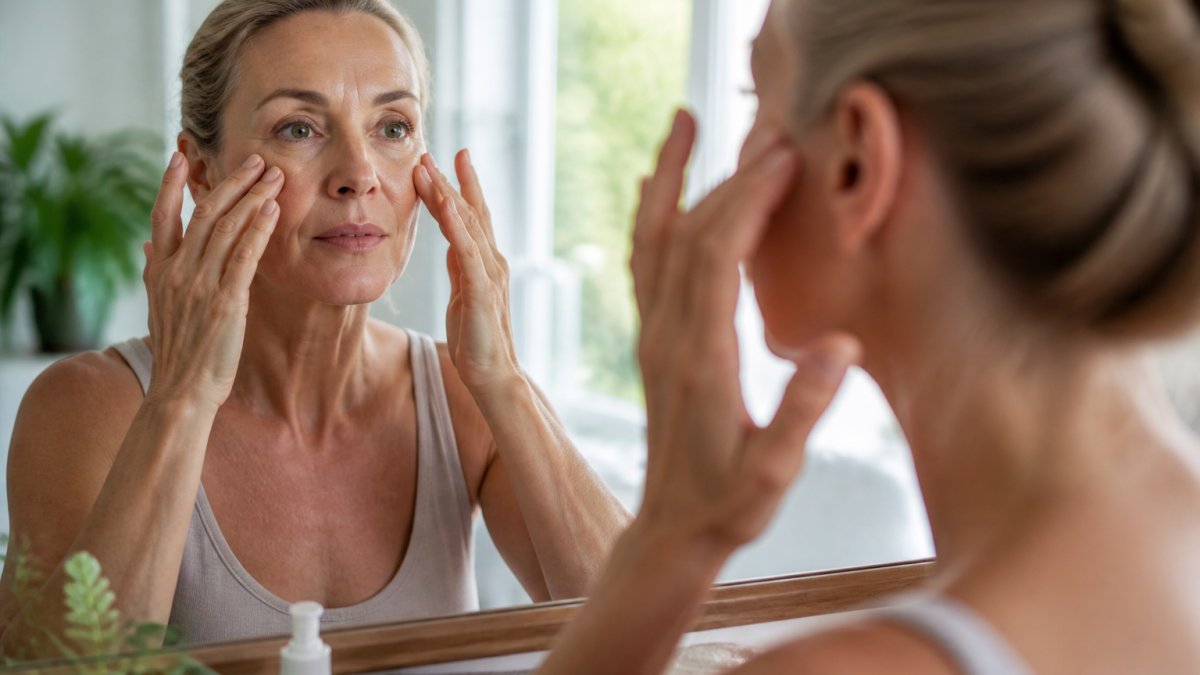 Frau ab 50 führt Gesichtsmassage mit kreisenden Bewegungen durch, konzentrierter Blick, natürliche Beleuchtung