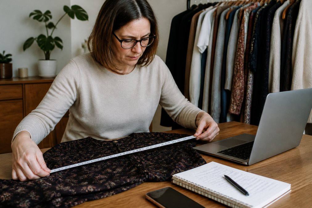 Frau vergleicht Maße eines Kleidungsstücks mit einer Online-Tabelle als Tipps gegen Fehlkäufe bei Kleidung.