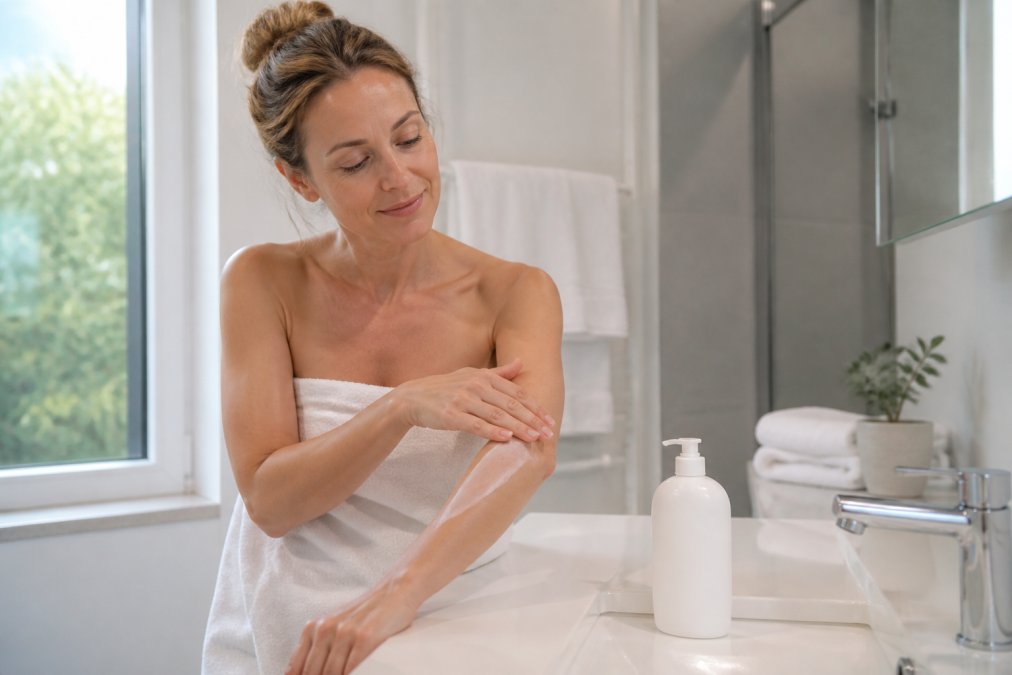 Eine Frau Mitte 30 trägt in einem hellen Badezimmer eine feuchtigkeitsspendende Körperlotion auf ihren Arm auf, daneben steht eine Flasche Pflegeprodukt auf dem Waschbecken