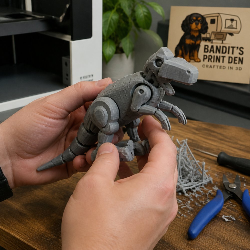 Hands inspecting a functional 3D printed prototype with visible layer details and support removal tools nearby