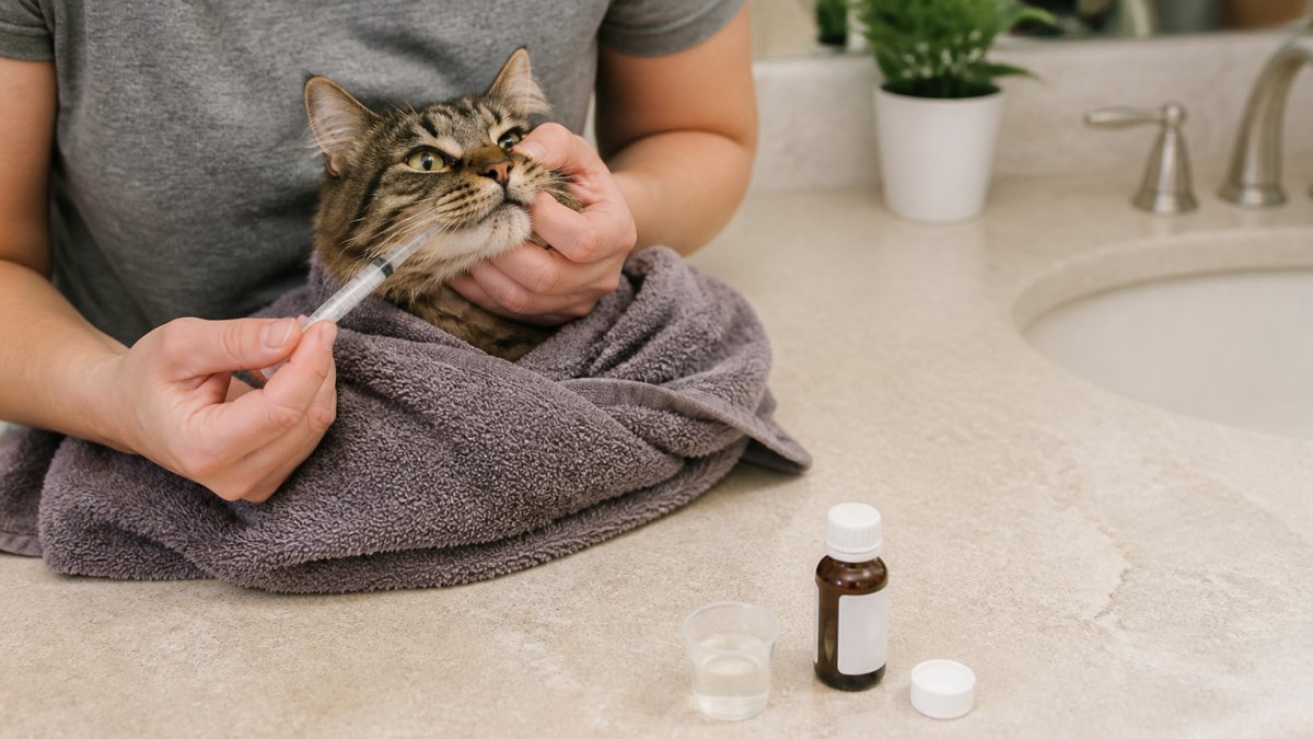 A person gently holding a cat wrapped in a towel on a bathroom counter, using an oral syringe to place liquid medication between the cat's cheek and teeth in a calm, well-lit room