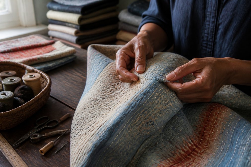 Close-up of hands carefully examining stitching on a handmade textile, fingers tracing seams with attention to detail, natural daylight illuminating the fine craftsmanship