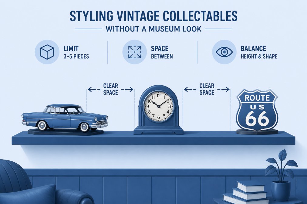 A styled shelf in a home den showing a small curated group of vintage items: a classic car model, a vintage clock and a Route 66 sign, with clear empty space between each piece and a plain neutral wall behind