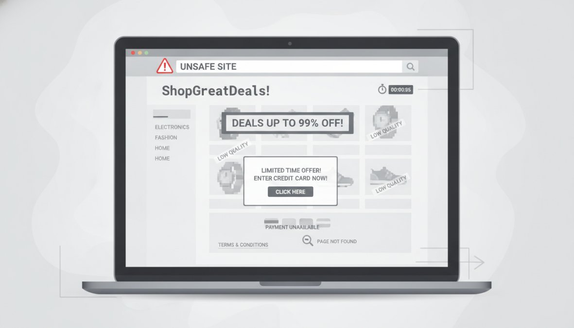 Professional illustration showing tips for avoiding fake online products