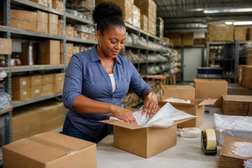 Warehouse employee carefully packing holiday gifts into cardboard boxes with tissue paper and branded packaging materials, surrounded by organized shelves of inventory in the background, natural overhead lighting