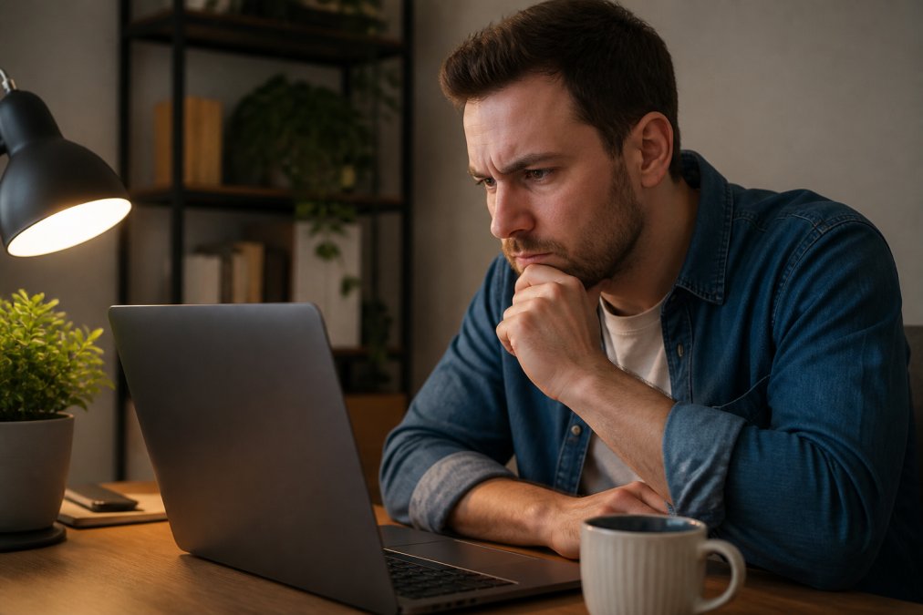 Person sitting at a desk closely examining a laptop screen showing an online store, with a skeptical expression and a coffee mug nearby, warm desk lamp lighting