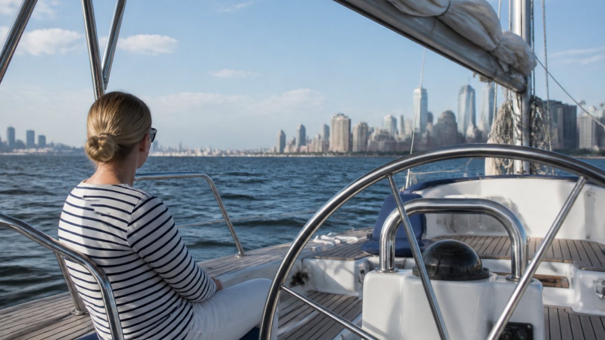 Guest sitting in the center cockpit of a sailboat with eyes fixed on the horizon to prevent seasickness on sailboats