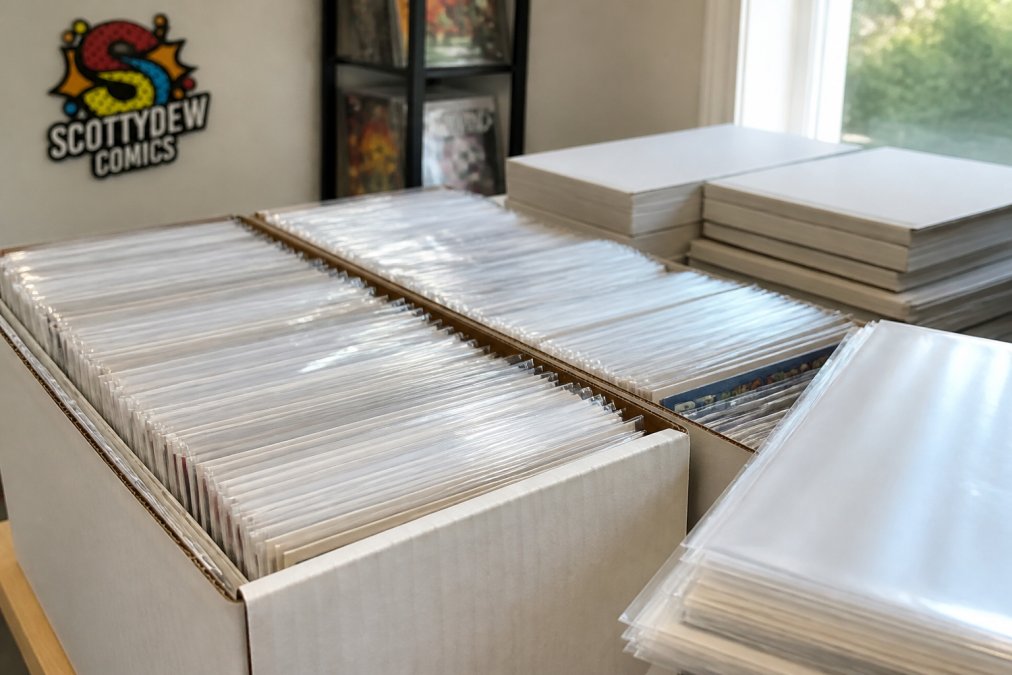 Close-up of properly organized comics in acid-free bags and boards inside a long box, with mylar sleeves and archival storage materials visible, natural lighting showing the protective materials