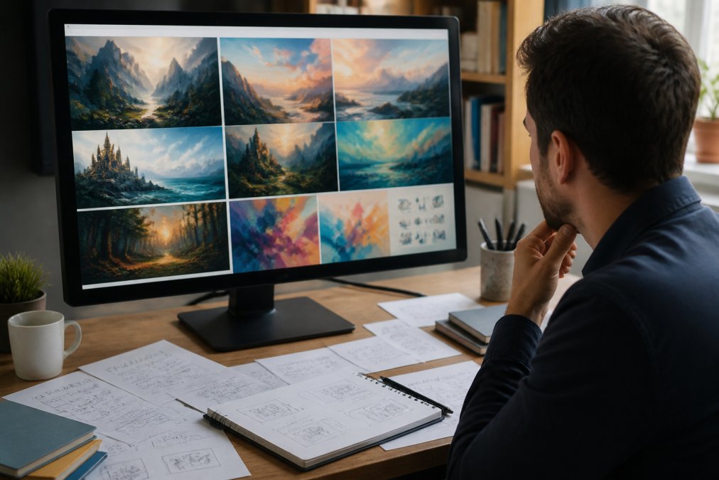 Designer reviewing multiple AI-generated artwork variations on a high-resolution monitor, comparing different color palettes, artistic styles, and composition options with notes scattered on desk
